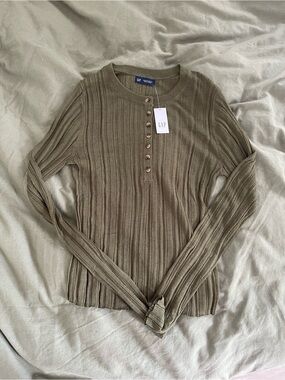GAP Olive Green Sheer Ribbed Button Henley Long Sleeve Top